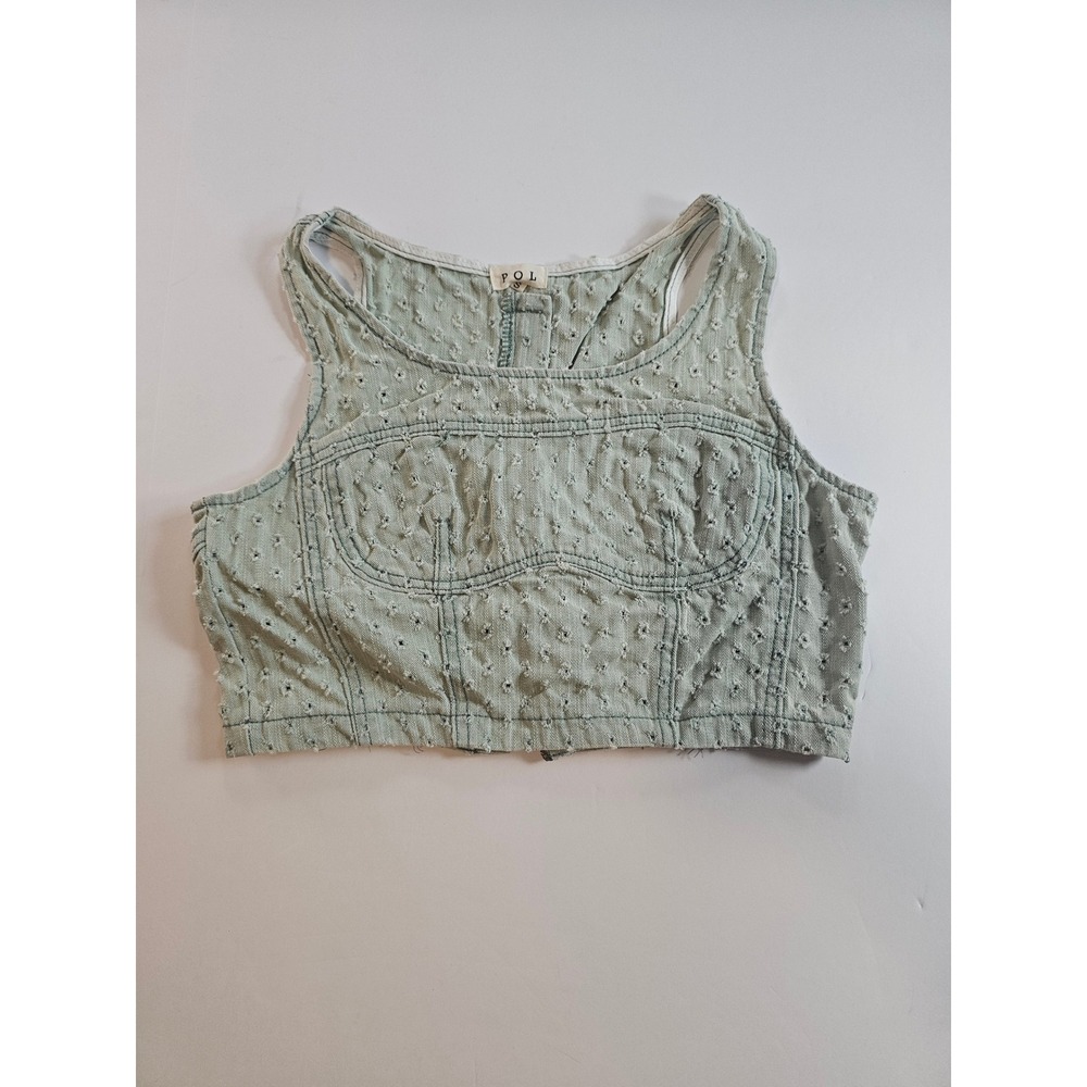 POL Cropped Denim Tank Top Womens Small Sage Green Distressed Boho